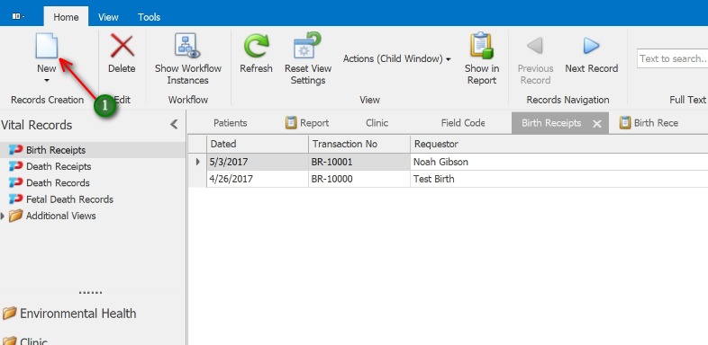 Creating a New Birth Receipt;1. Click The New icon to create a new Birth Receipt.
