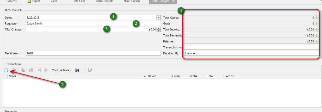 Complete the Birth Receipt;1. PatTrac will populate the current date
            2. Add the Requestor information
            3. Use Misc. Charges to track other fees
            4. Fields in the top right column will auto-populate upon saving the Birth Receipt.
            5. Click the New icon to add a New Transactions
            