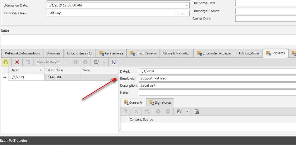 Create the Consent record;1. After clicking the 'New' icon -
            Dated - This will be populated automatically, change as needed.
            Employee - This will populate automatically.
            Description - If desired, enter a description
            Note - If desired, enter a Note.
            
            
            
            
            