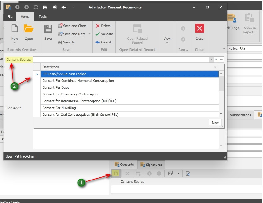 Select the Consent;1. Click the 'New' icon to add a new Consent document.
            2. Choose the Consent Source
            