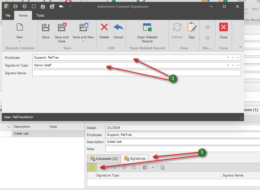 Add Signatures to the Consent;1. Click the Signatures tab and click the 'New' icon
            2. Select the Employee name and Signature Type. If the signature is a non-employee, enter the Signers Name.