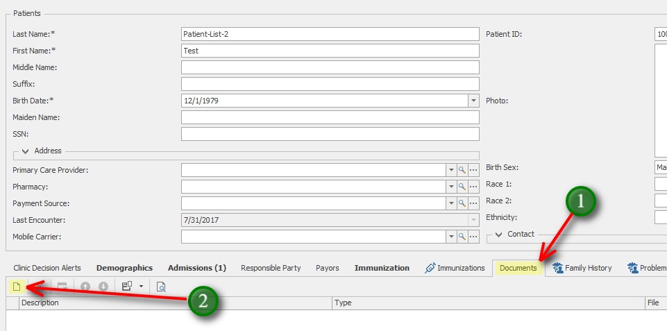 Patient Documents;Documents can be attached to a Patient's record or to the patient's Admission record.
            Documents attached to the Patient Record or Chart are not specific to any Clinic. These documents are available for all staff across Clinics to access, therefore should be limited to scans of Insurance cards, drivers licenses  and other general documents.
            1. In the Patient chart, click the Documents tab
            2. Click the New icon, to add a new Document.