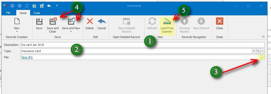 Add the File;1. Give the Document a description
            2. If desired, choose a File type
            3. Click the ellipsis '...' to browse to and attach the file.
            4. Click Save and Close to exit the screen, or Save and New to add additional documents
            5. Load From Scanner option utlizes software that will automatically scan and save the document to a .pdf file.  Documents should autosave to the user's C:\Documents directory with a specific file name - ScannedDocument.pdf OR AmbirScan-1.pdf
            Most desktop scanners have software that will do this including auto scan and save when paper is detected. 