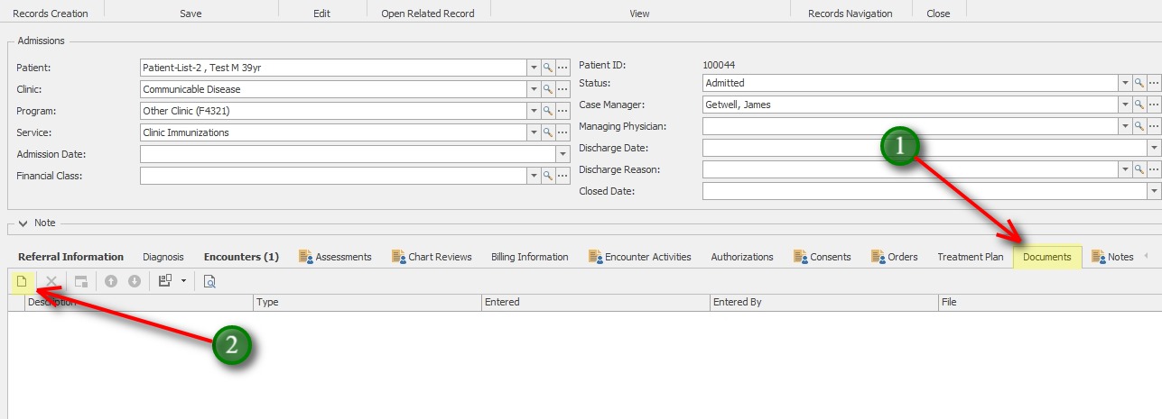 Admission Documents;Documents added to the Patient's Admission record are specific to that Admission only, and only visible by staff with access to the Clinic. 
            1. In the Admission screen, click the Documents tab.
            2. Click the New icon to add a new document.