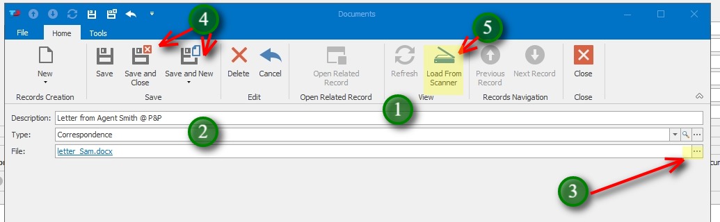 Add the File;1. Give the Document a description
            2. If desired, choose a File type
            3. Click the ellipsis '...' to browse to and attach the file.
            4. Click Save and Close to exit the screen, or Save and New to add additional documents
            5. Load From Scanner option utlizes software that will automatically scan and save the document to a .pdf file.  Documents should autosave to the user's C:\Documents directory with a specific file name - ScannedDocument.pdf OR AmbirScan-1.pdf
            Most desktop scanners have software that will do this including auto scan and save when paper is detected. 